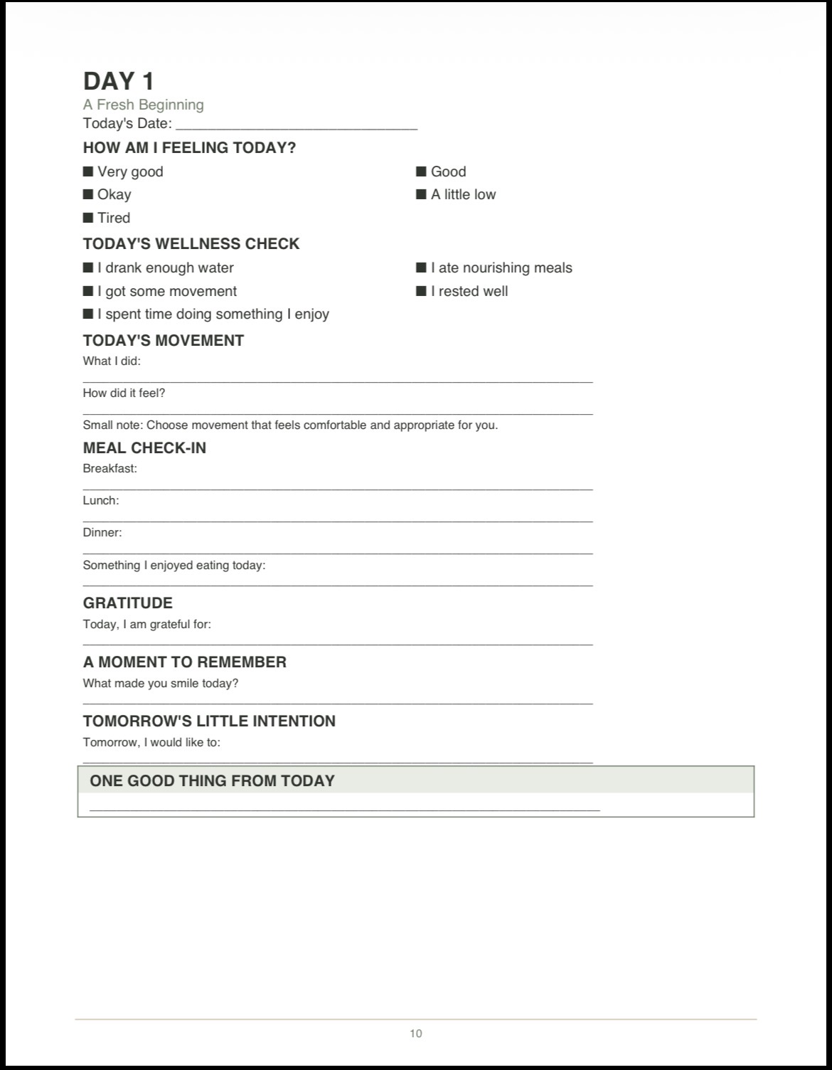 Day 1 daily journal page with mood check-in, wellness checkboxes, movement, meals, gratitude, and reflection prompts