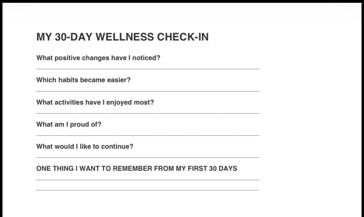 My 30-Day Wellness Check-In page with milestone reflection questions