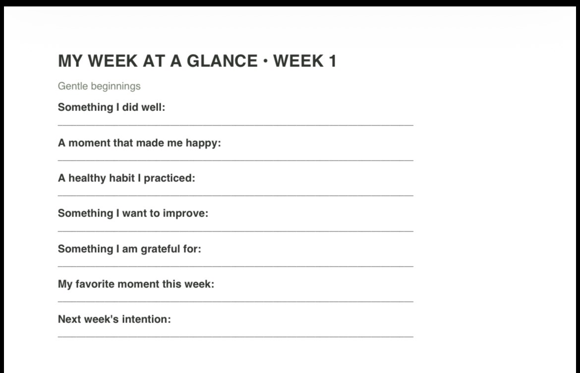 My Week at a Glance weekly reflection page with simple writing prompts and lined spaces